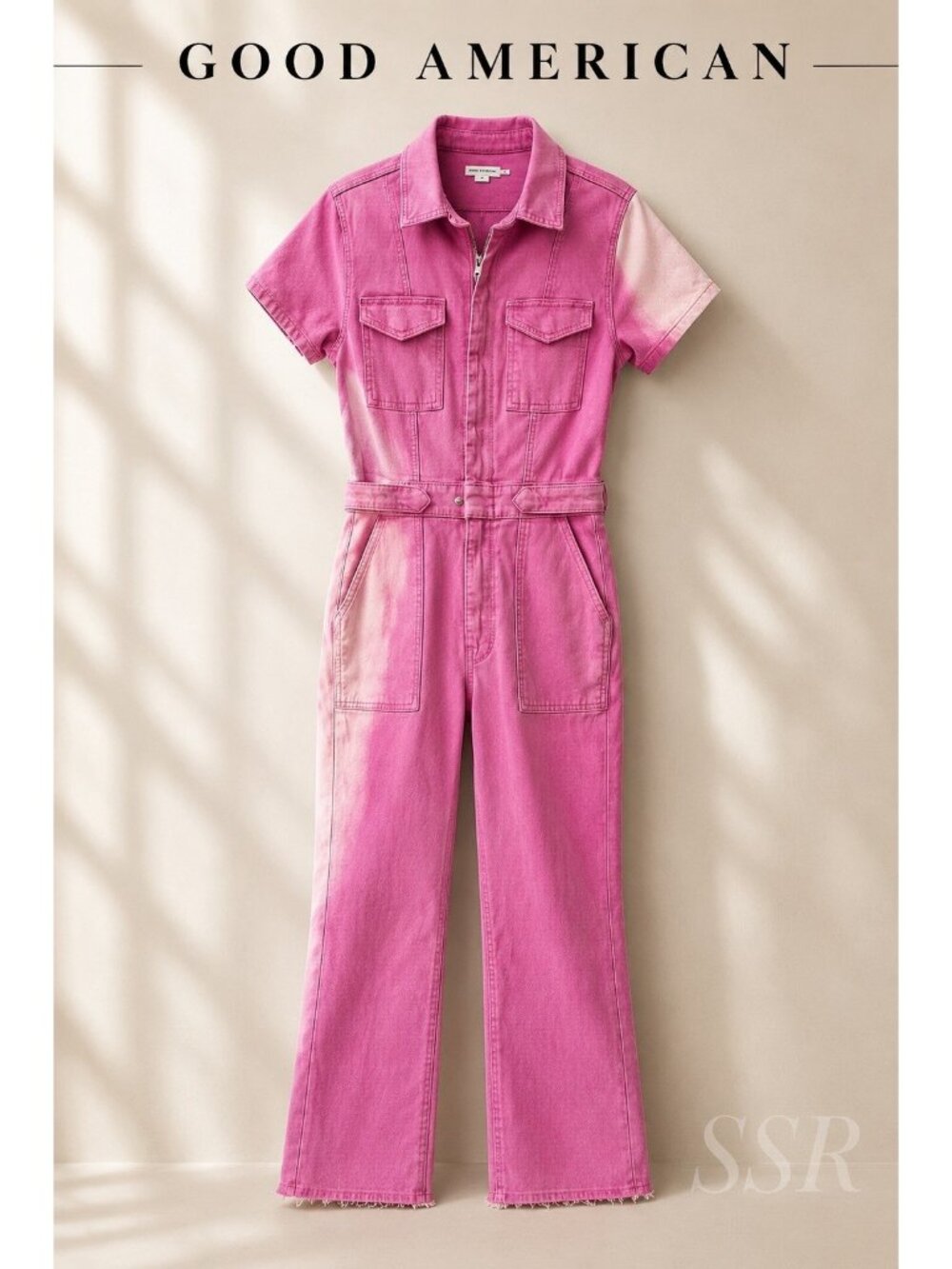 Good American Fit for Success Pink Denim Jumpsuit Utility M Zip Front Straight